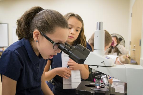Child looks through microscope in amazement